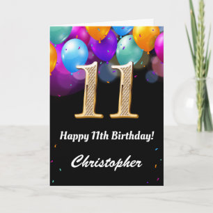 11th Birthday Black and Gold Colourful Balloons Card