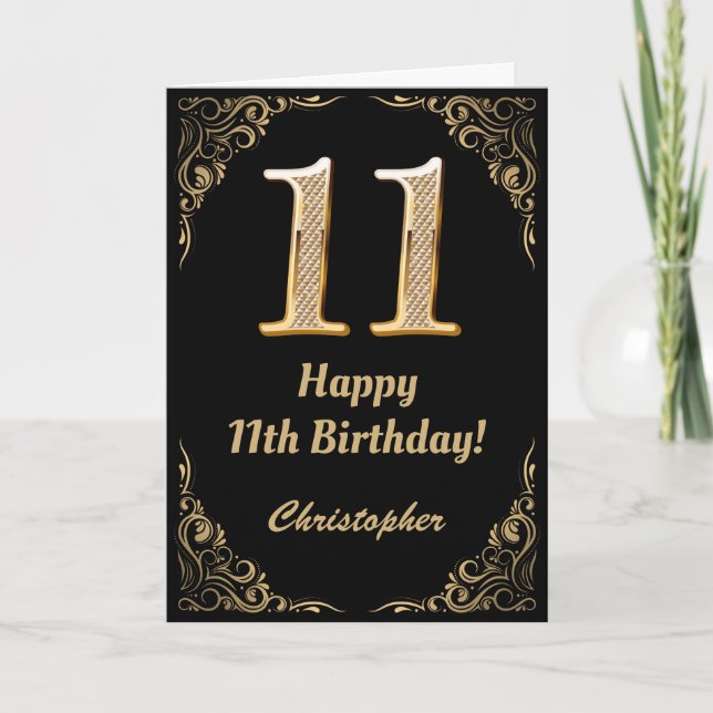 11th Birthday Black and Gold Glitter Frame Card (Front)