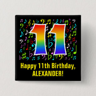 11th Birthday: Colorful Music Symbols, Rainbow 11 15 Cm Square Badge