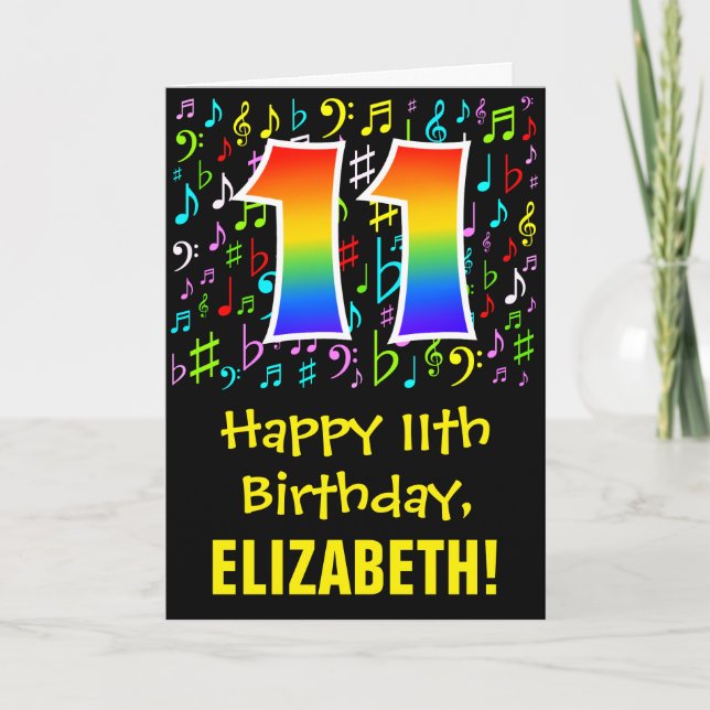 11th Birthday: Colorful Music Symbols + Rainbow 11 Card (Front)