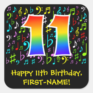 11th Birthday: Colorful Music Symbols, Rainbow 11 Square Sticker