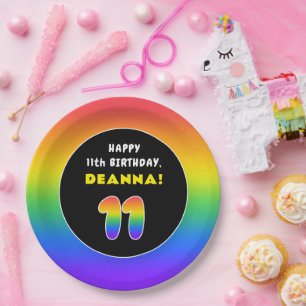 11th Birthday: Colorful Rainbow # 11, Custom Name Paper Plate