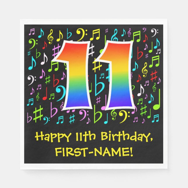11th Birthday - Colourful Music Symbols, Rainbow 1 Napkin (Front)