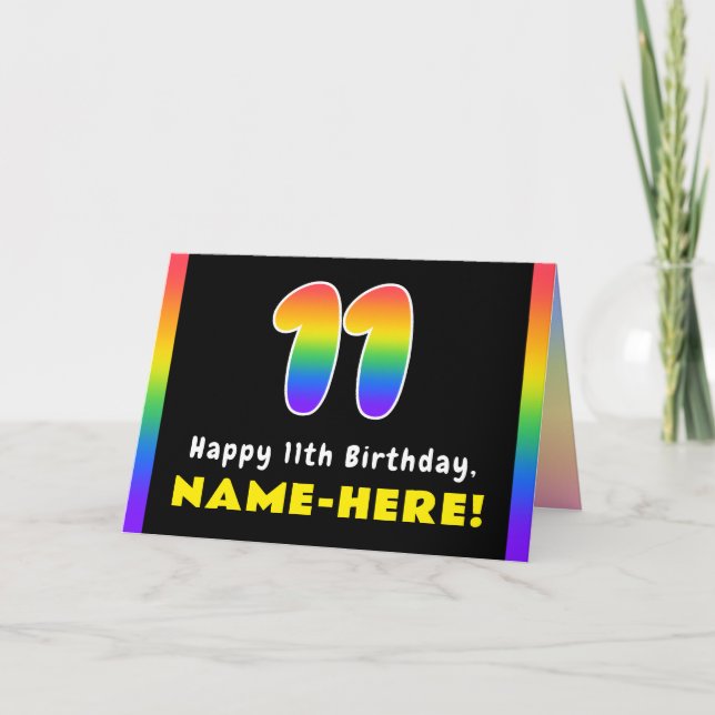 11th Birthday: Colourful Rainbow # 11, Custom Name Card (Front)