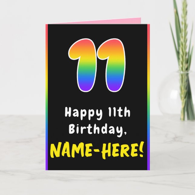 11th Birthday: Colourful Rainbow # 11, Custom Name Card (Front)
