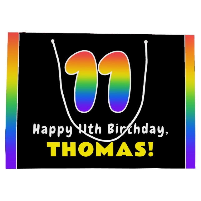11th Birthday: Colourful Rainbow # 11, Custom Name Large Gift Bag (Back)