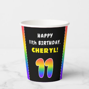 11th Birthday: Colourful Rainbow # 11, Custom Name Paper Cups
