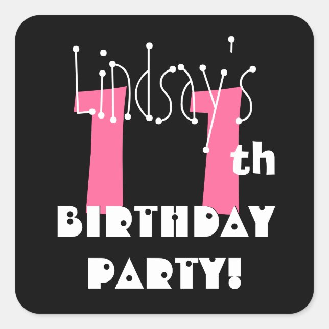 11th Birthday Custom Name Pink and Black Square Sticker (Front)