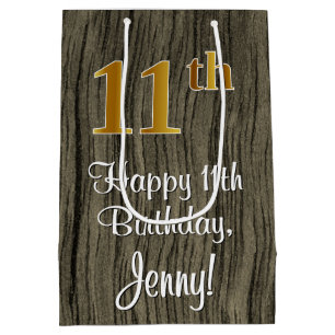 11th Birthday: Elegant Faux Gold Look #, Faux Wood Medium Gift Bag