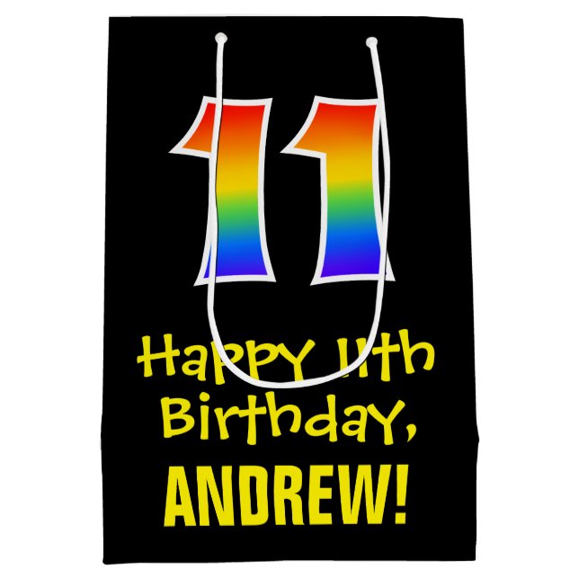 11th Birthday: Fun, Bold, Colourful, Rainbow "11" Medium Gift Bag (Back)