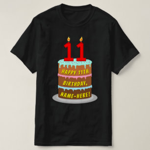11th Birthday — Fun Cake & Candles, w/ Custom Name T-Shirt