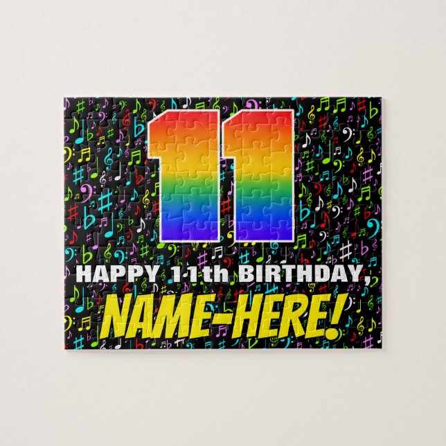 11th Birthday — Fun, Colourful Music Symbols & “11 Jigsaw Puzzle (Horizontal)