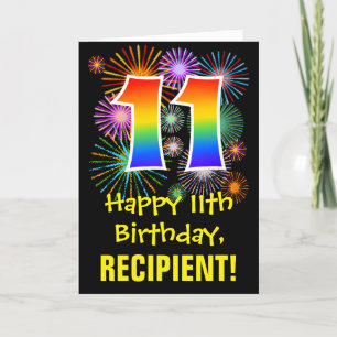 11th Birthday: Fun Fireworks Pattern + Rainbow 11 Card