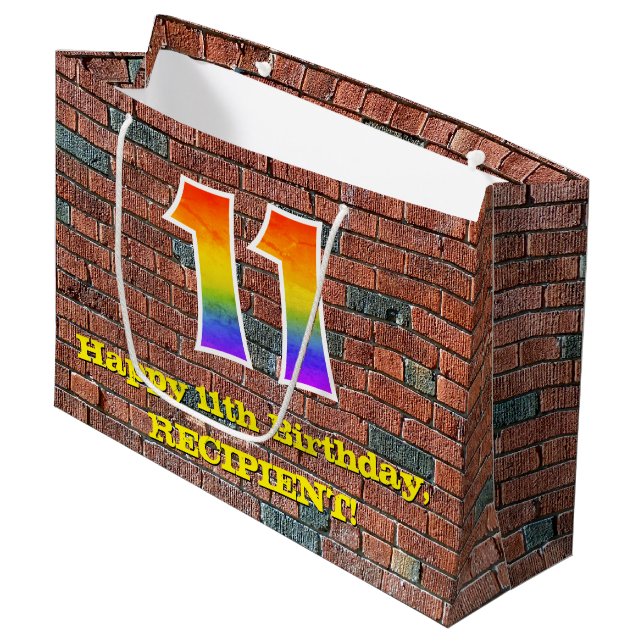 11th Birthday: Fun, Graffiti-Inspired Rainbow # 11 Large Gift Bag (Front Angled)