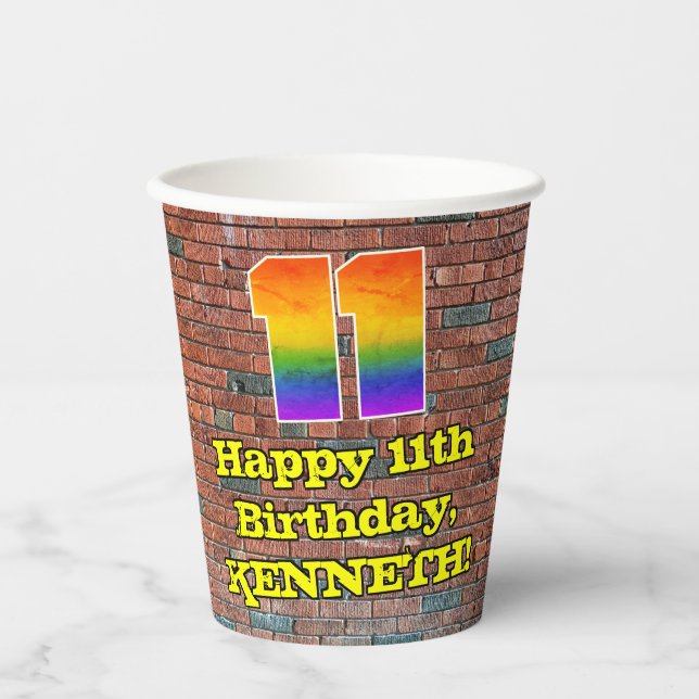 11th Birthday: Fun Graffiti-Inspired Rainbow 11 Paper Cups (Front)