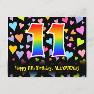 11th Birthday: Fun Hearts Pattern, Rainbow 11 Postcard