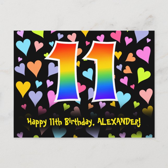 11th Birthday: Fun Hearts Pattern, Rainbow 11 Postcard (Front)