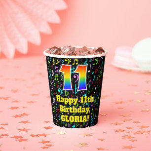 11th Birthday: Fun Music Notes Pattern, Rainbow 11 Paper Cups