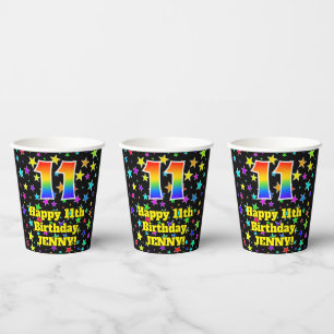 11th Birthday: Fun Stars Pattern and Rainbow 11 Paper Cups
