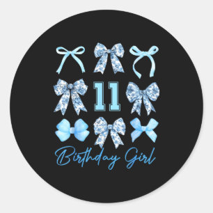 11th Birthday Girl Blue Toile Coquette Bow 11 Year Classic Round Sticker