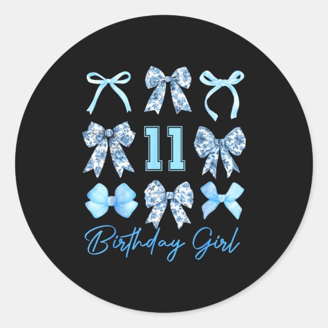 11th Birthday Girl Blue Toile Coquette Bow 11 Year Classic Round Sticker (Front)