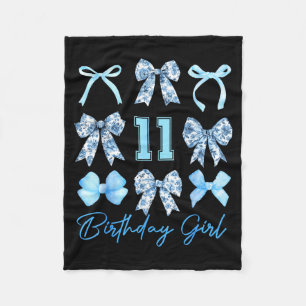 11th Birthday Girl Blue Toile Coquette Bow 11 Year Fleece Blanket