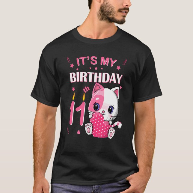 11Th Birthday Girl Cute Cat Outfit 11 Years Old Bd T-Shirt (Front)