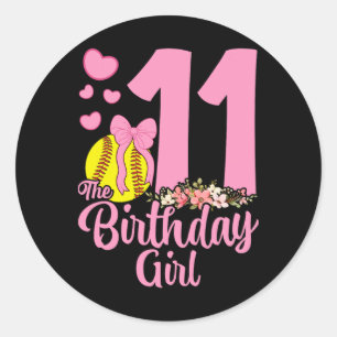 11th Birthday Girl Softll Team Coquette Pink Bow 1 Classic Round Sticker