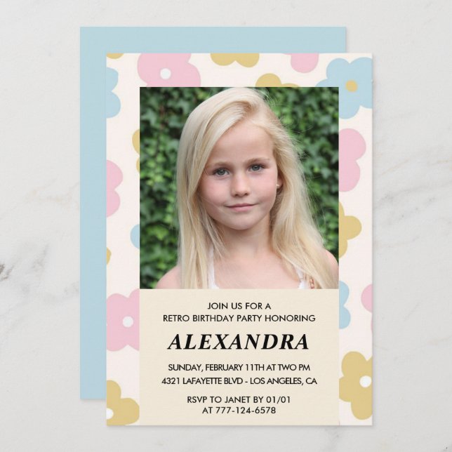 11th birthday invitation Retro Groovy Flowers Cute (Front/Back)