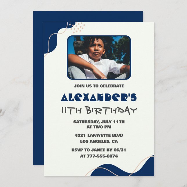 11th birthday invitations Boy Navy Simple Photo (Front/Back)