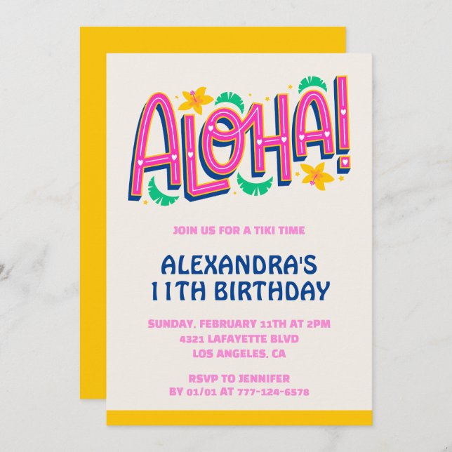 11th birthday invitations Tropical Aloha Hawaii (Front/Back)