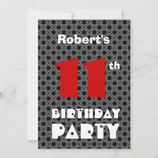 11th Birthday Modern Teen Black and White Pattern Invitation (Front)