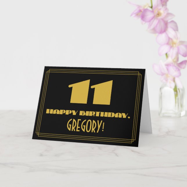 11th Birthday: Name + Art Deco Inspired Look "11" Card (Orchid)