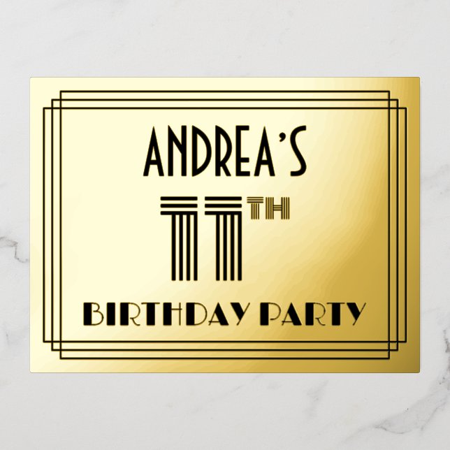 11th Birthday Party ~ Art Deco Style “11” + Name Foil Invitation Postcard (Front)