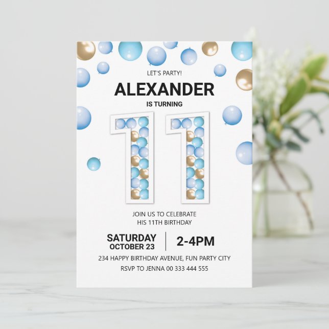 11th Birthday Party, Blue and Gold Balloon Boy Invitation (Standing Front)