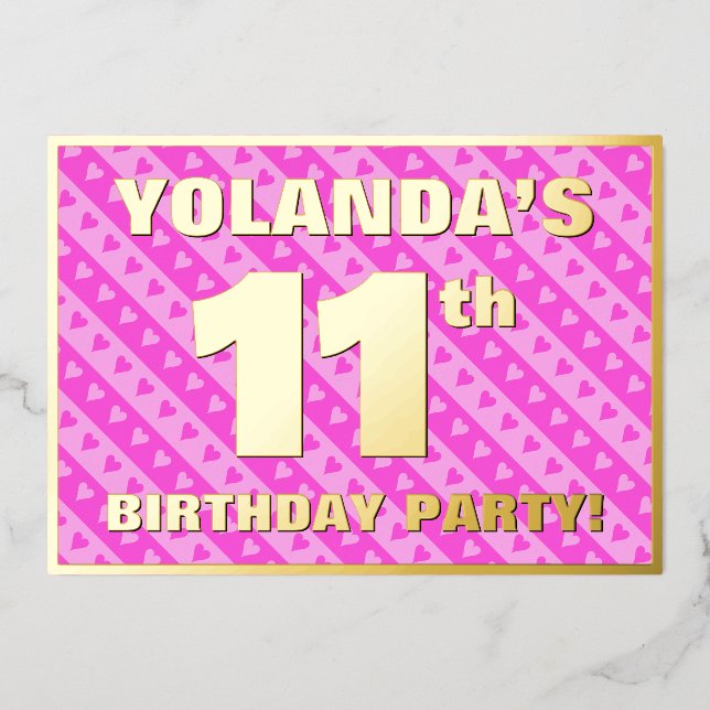 11th Birthday Party — Fun Pink Hearts and Stripes (Front)