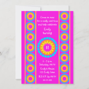11th Birthday Party Invitation Cool Hot Pink