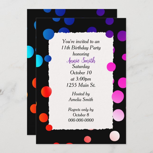 11th Birthday Party Rainbow Dots  Invitation (Front/Back)