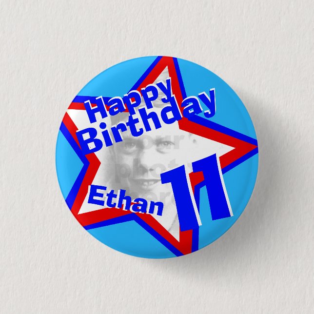 11th Birthday photo Boys red blue button/badge 3 Cm Round Badge (Front)