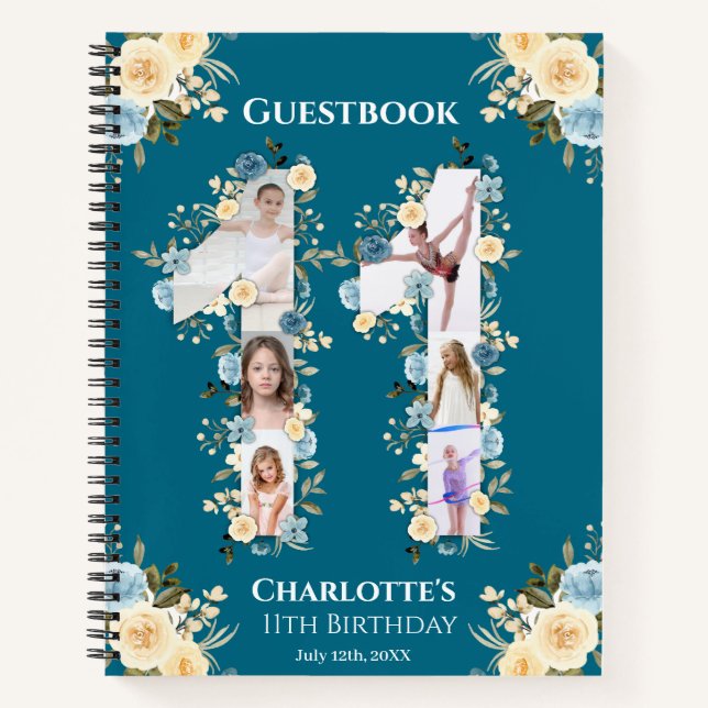 11th Birthday Photo Teal Yellow Flower Guest Book (Front)