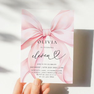 11th Birthday Pink Bow Party Invitation