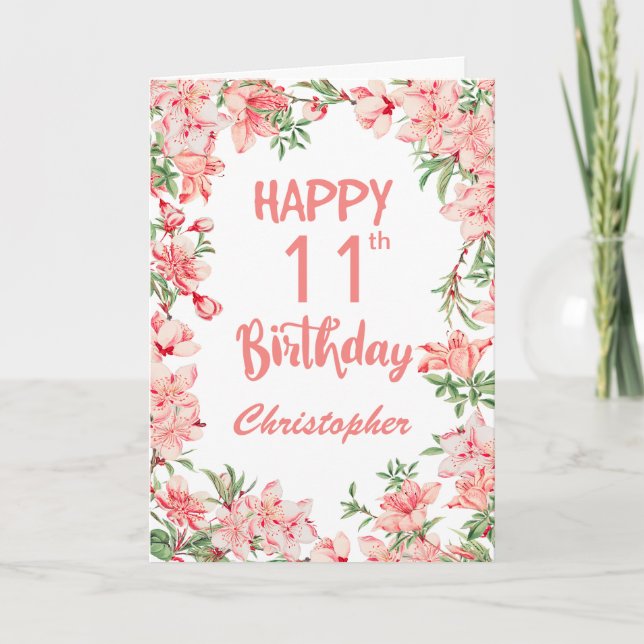 11th Birthday Pink Peach Peonies Watercolor Floral Card (Front)