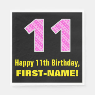 11th Birthday: Pink Stripes and Hearts "11" + Name Napkin