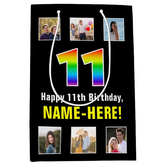 11th Birthday: Rainbow “11“, Custom Photos & Name Medium Gift Bag (Front)
