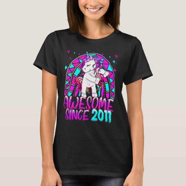 11th Birthday Rainbow 11 Year Old Flossing Unicorn T-Shirt (Front)