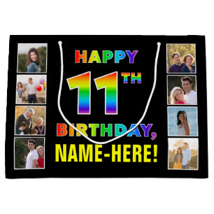 11th Birthday: Rainbow Text, Custom Photos & Name Large Gift Bag