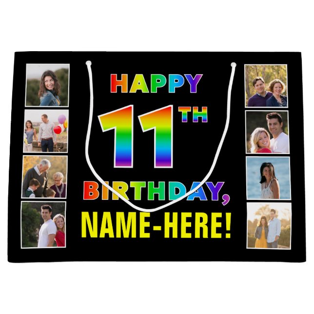 11th Birthday: Rainbow Text, Custom Photos & Name Large Gift Bag (Front)