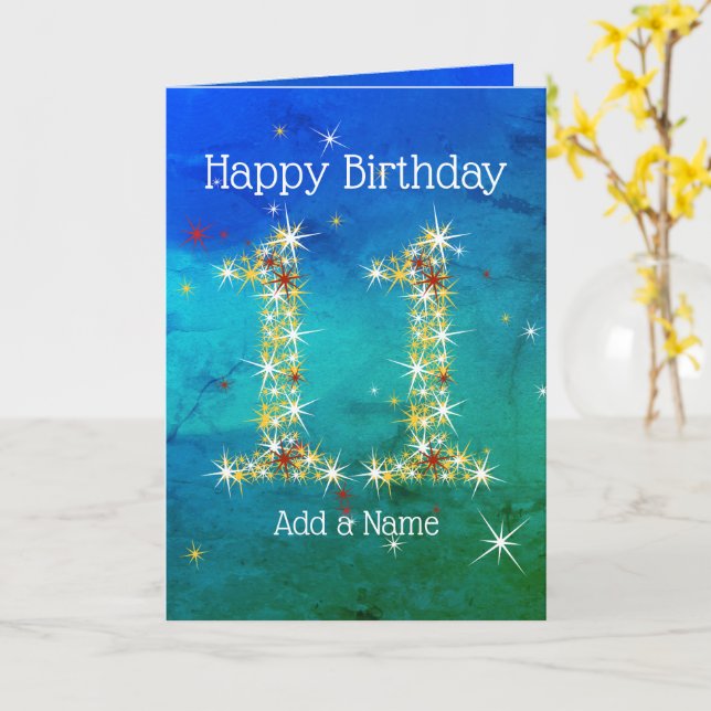 11th Birthday - Star Numbers - Blue Green - Age 11 Card (Yellow Flower)
