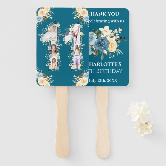 11th Birthday Teal Flower Photo Collage Yellow Hand Fan (Front and Back)