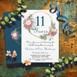 11th Steel Wedding Anniversary Roses Gold Frame Invitation